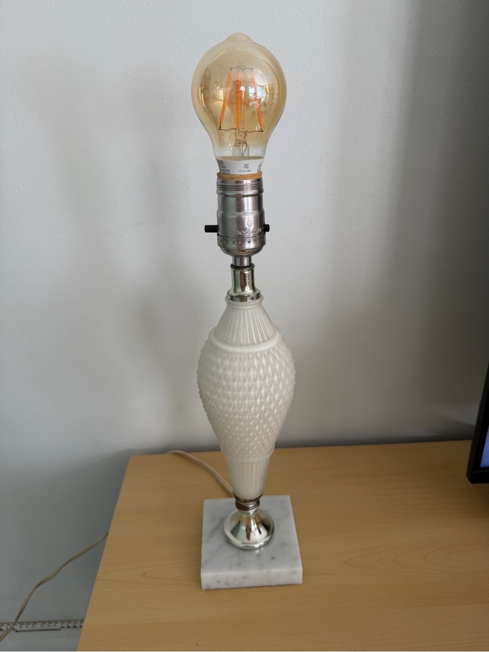 Vintage Frosted Leviton Lamps With Quilted Pattern. Italian Marble Base.